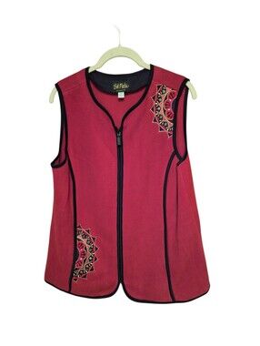 Bob Mackie Wearable Art Vest Ladies Medium RED embroidered Fleece ARTSY TEACHER